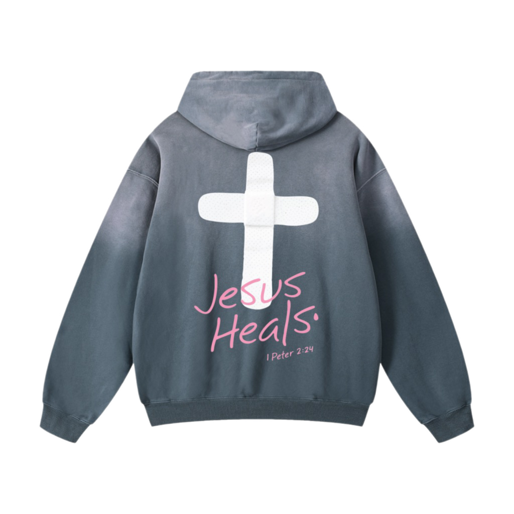 Jesus Heals Heavyweight Sunfade Oversized Hoodie (Gray Blue)