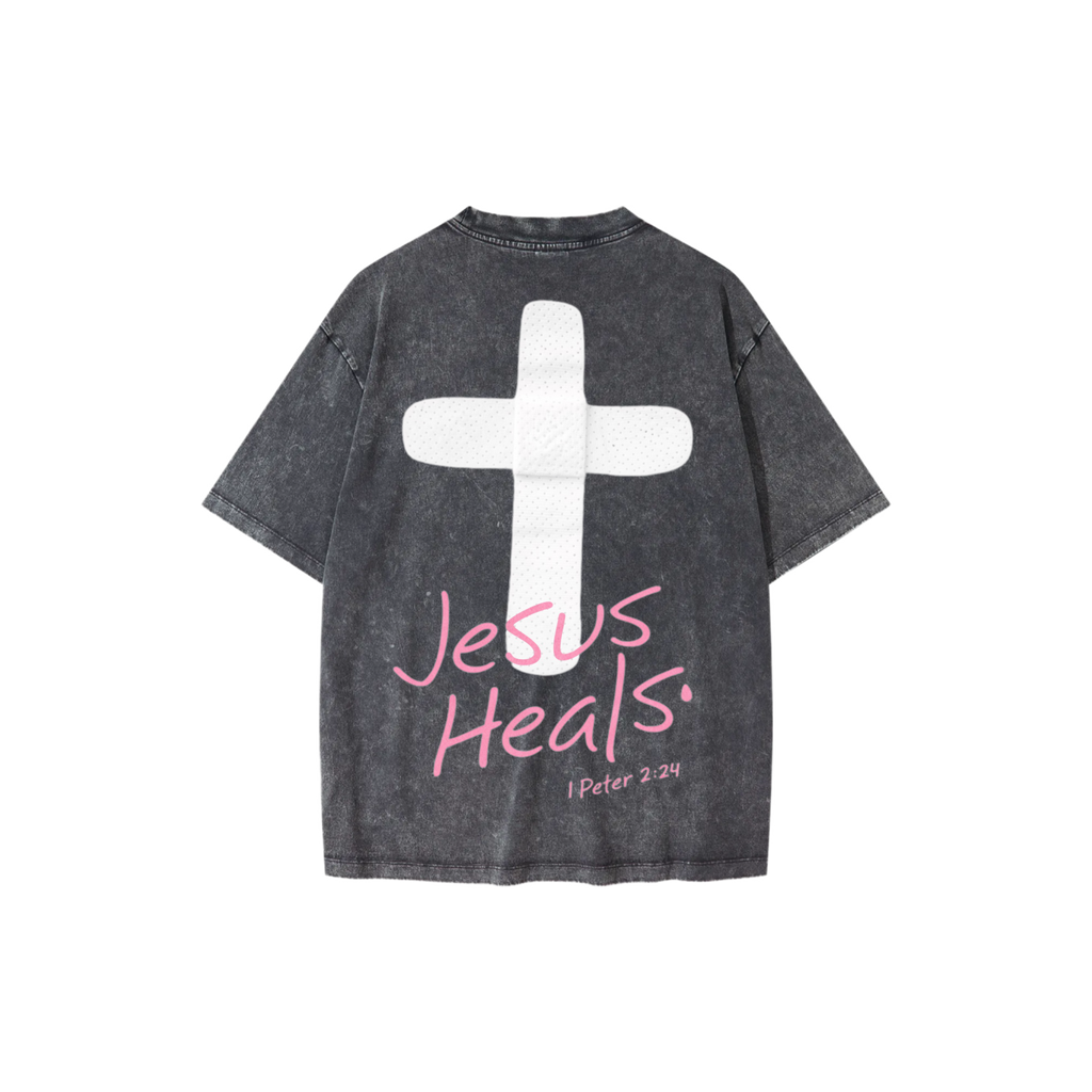 Kids Jesus Heals Snow Washed Oversized Cotton T-Shirt (Pirate Black)