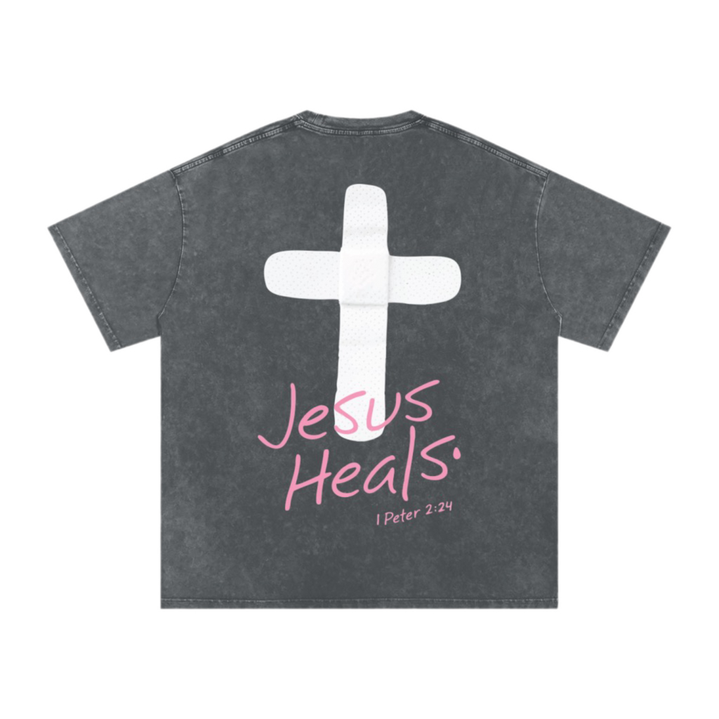 Jesus Heals Snow Washed Oversized Cotton T-Shirt (Pirate Black)